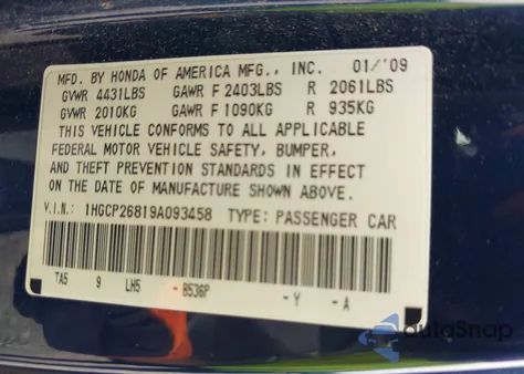 2009 Honda Accord 2.4 Ex-L from USA, damaged, VIN 1HGCP26819A093458